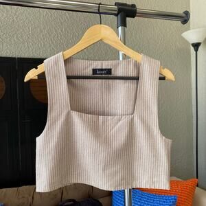 Kourt Linen Blend Stripe Crop Tank Top Square Neck Tan Small Coastal Beachy